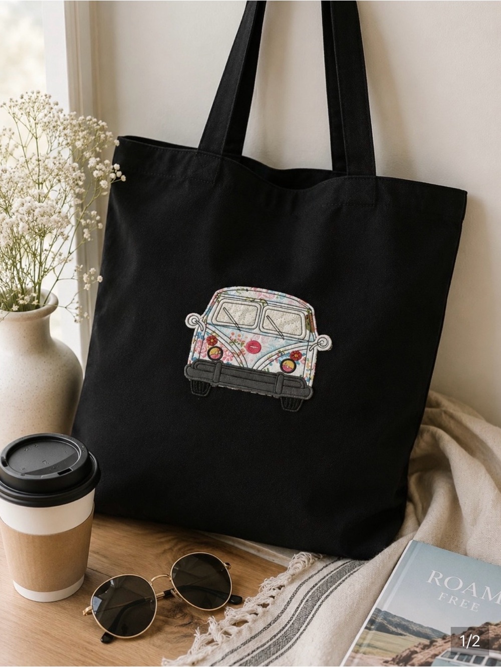 Retro Floral Camper Van Canvas Tote Bag Boho Hippie Market Beach Bag